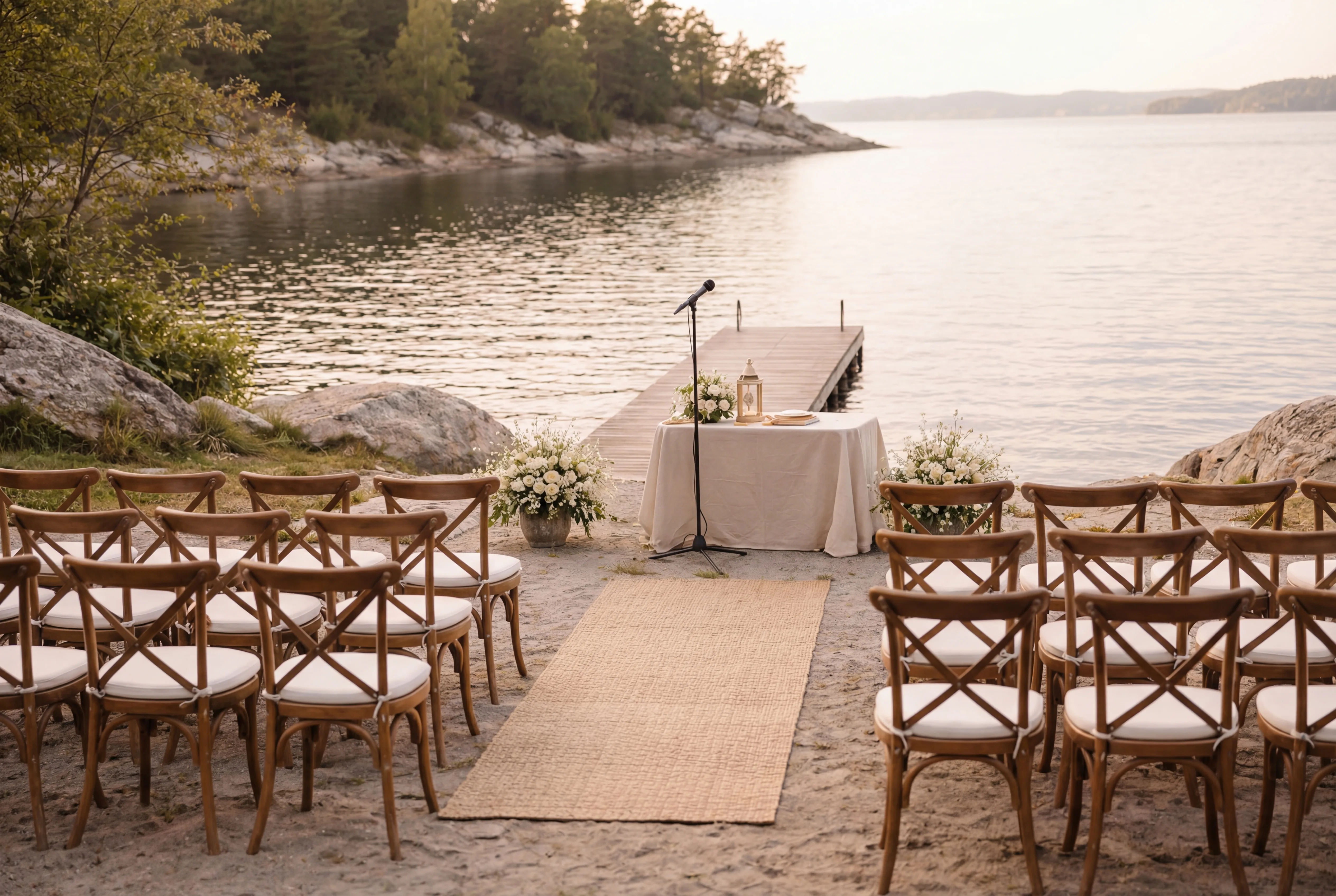 Ceremoniell uppställning vid vattnet i kvällsljus